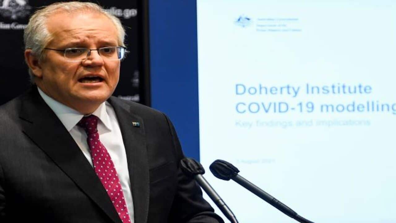 Scott Morrison at a news conference in early August on the Doherty Institute modelling