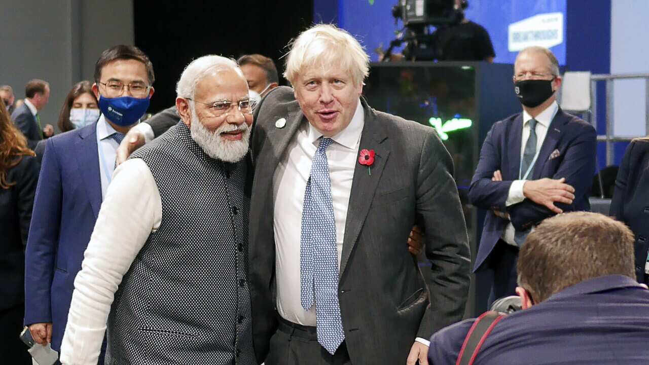 GLASGOW, SCOTLAND, UNITED KINGDOM - NOVEMBER 2, 2021: India's Prime Minister Narenda Modi (L) and the UK's Prime Minister Boris Johnson attend the 26th UN Climate Change Conference of the Parties (COP26). Yuri Mikhailenko/TASS/Sipa USA