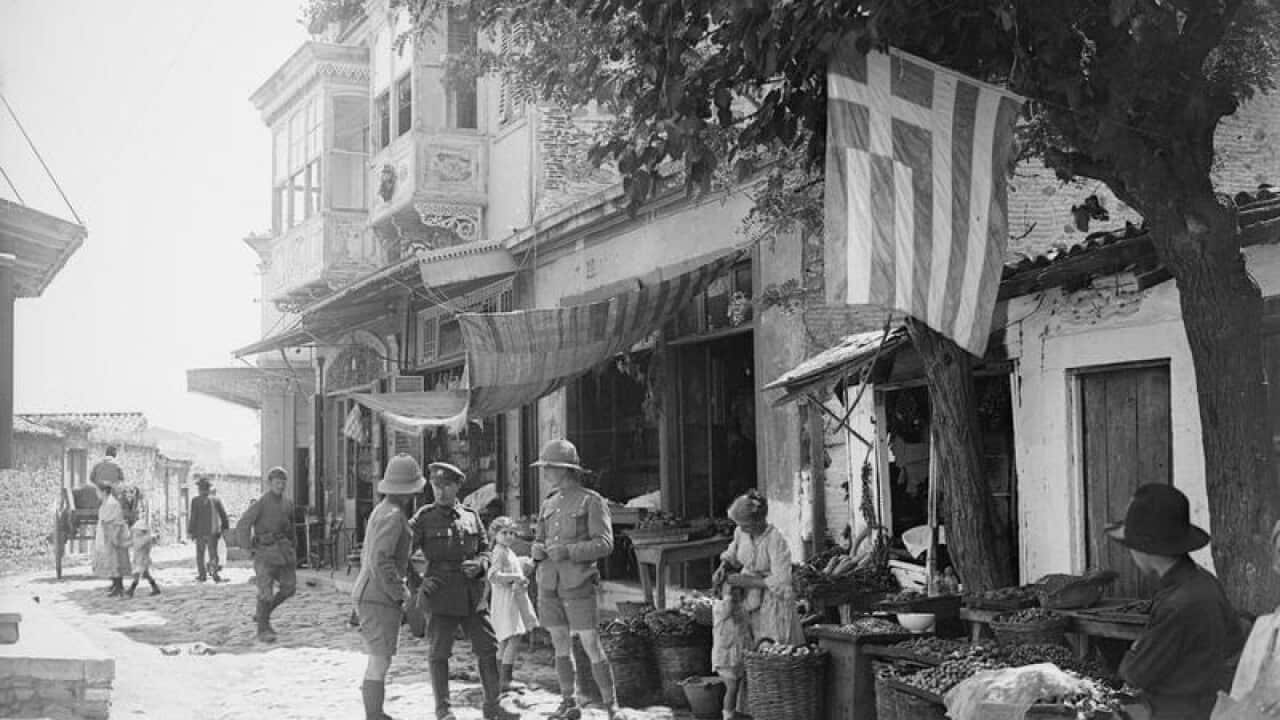 The Greek flag in the Turkish quarter of Smyrna, May 1919