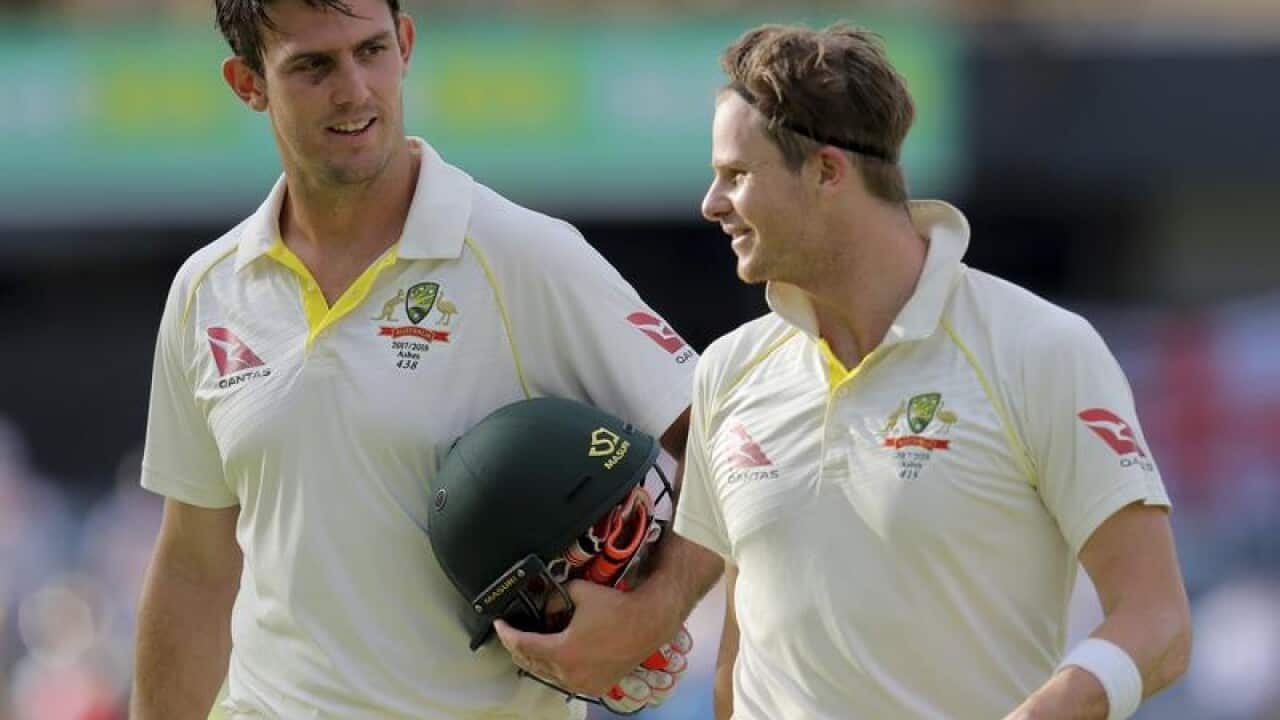 Australian batsmen Mitchell Marsh, left, and Steve Smith