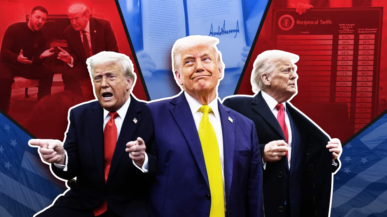 A stylised image featuring three pictures of Donald Trump in the centre, with a list of tariffs, Trump with Volodymyr Zelenskyy, hands holding an executive order, and the US flags in the background.