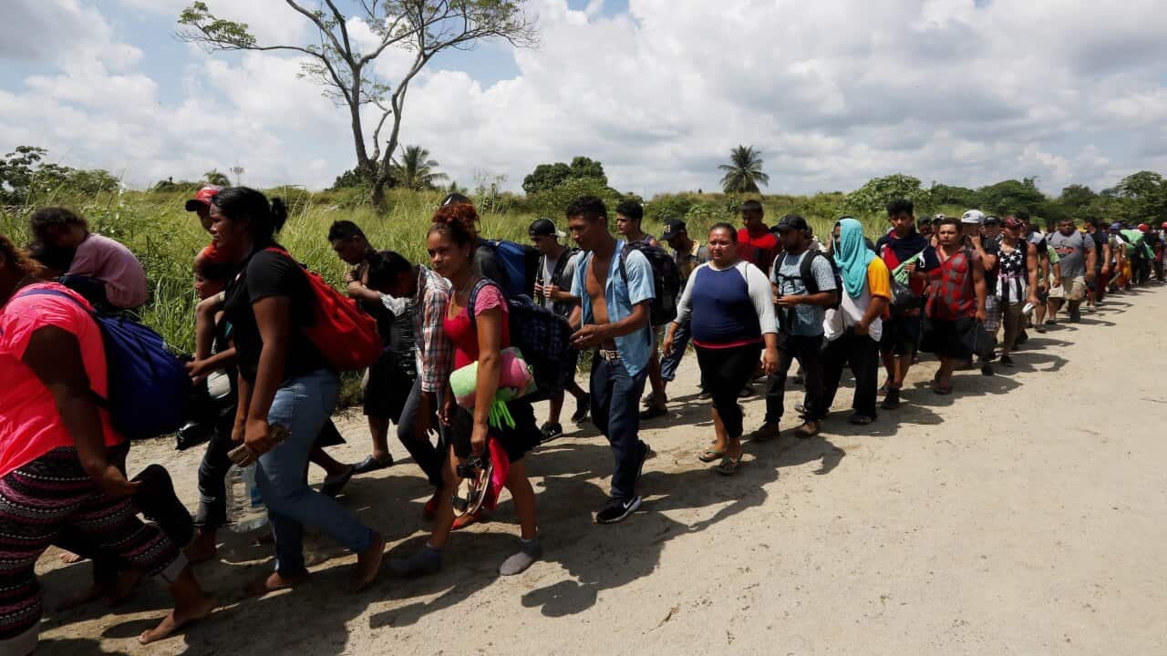 Hundreds of members of the second migrant caravan, mostly Hondurans, walk into Mexican territory.