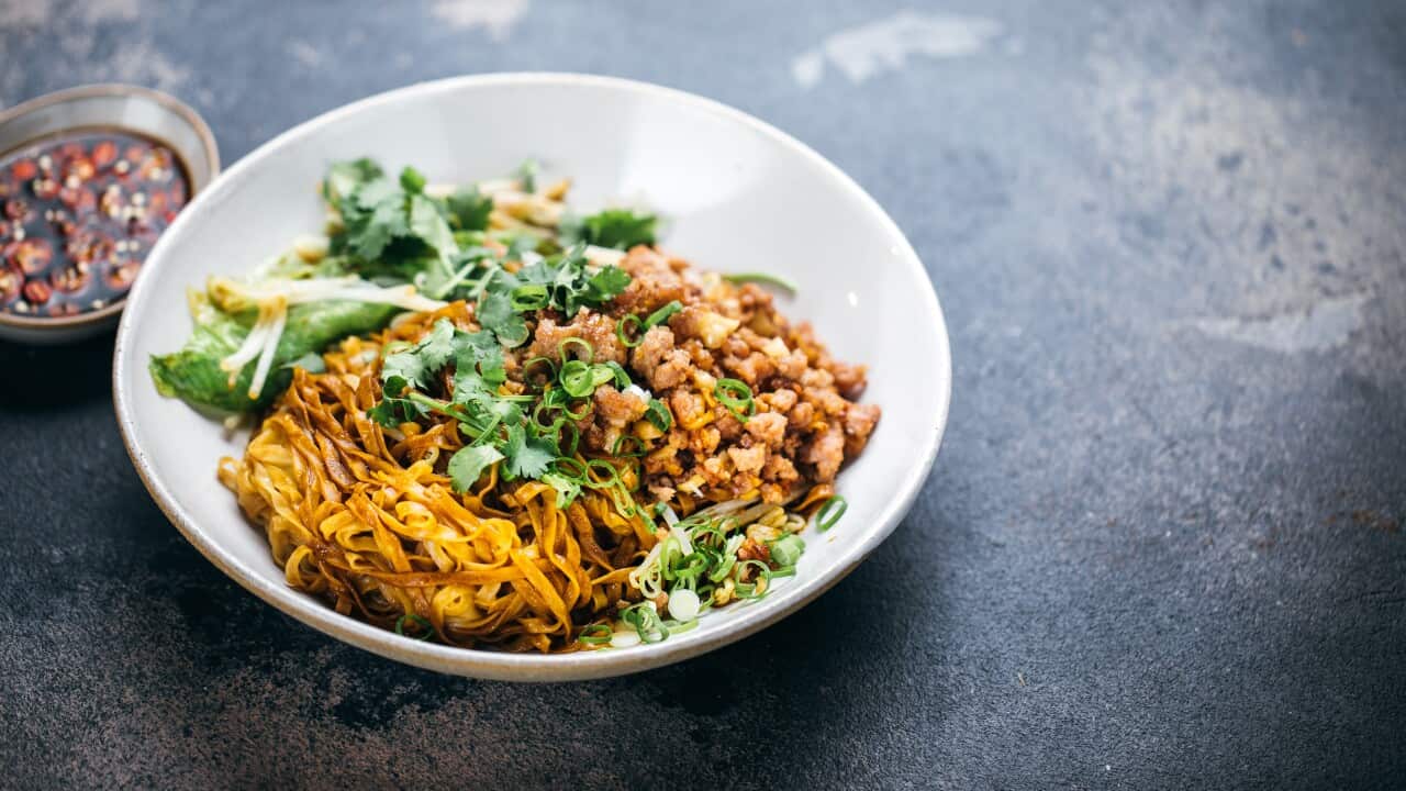 Garlic pork mazemen with coriander and black vinegar SBS The Cook Up