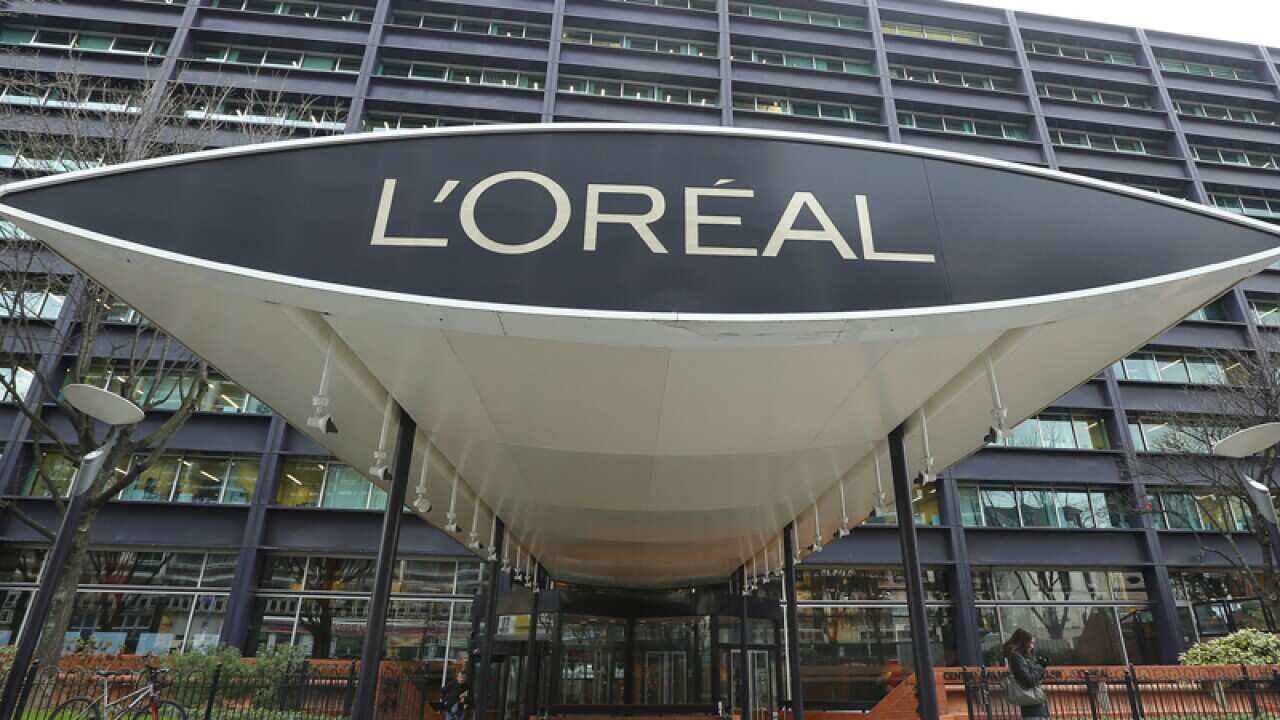 The logo of L'Oreal cosmetics at the company headquarters
