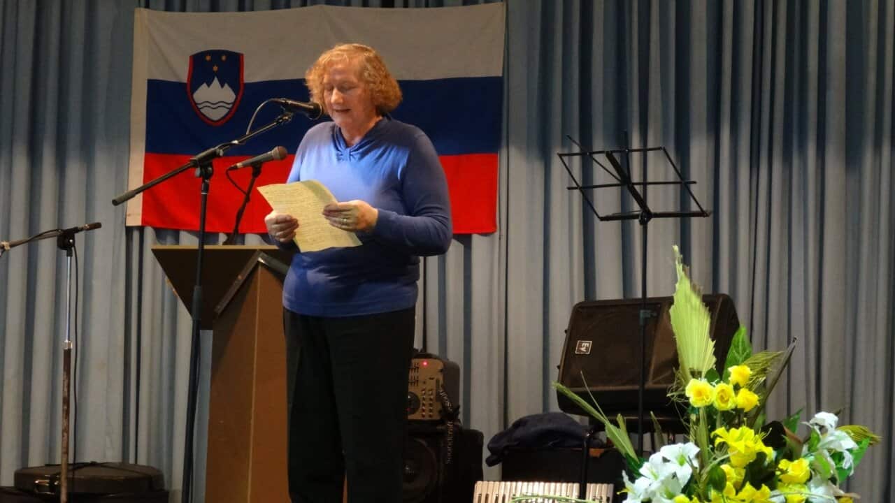 Milka Debevec reciting a poem in the cultural program at Slovenian Association Sydney