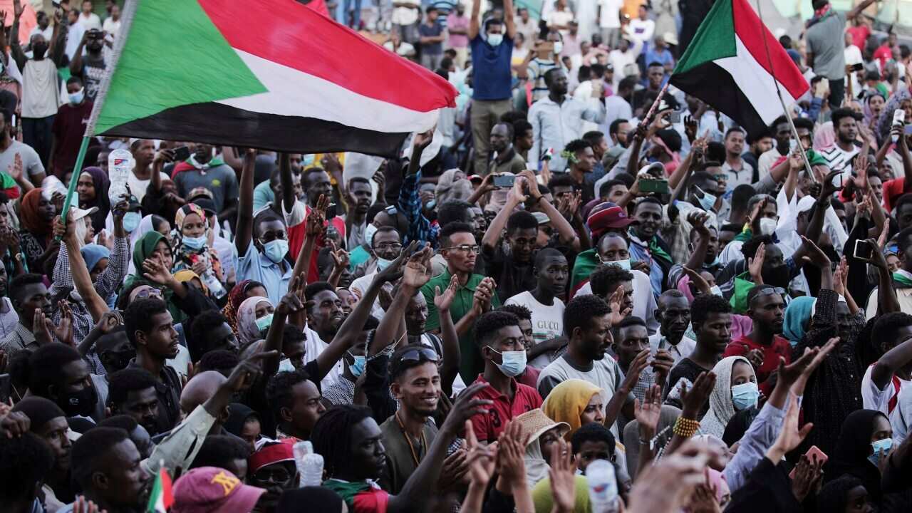 People chant slogans during a protest in Khartoum, Sudan