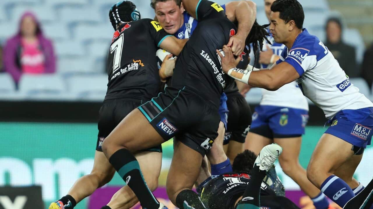 Bulldogs Josh Jackson is tackled