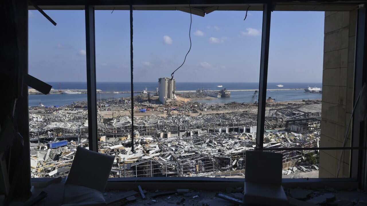 A picture taken from inside a damaged building shows the destroyed port area in the aftermath of a massive explosion in downtown Beirut, Lebanon, 06 August 2020 (reissued 02 August 2021). A massive blast on 04 August 2020 rocked Beirut's port in which at
