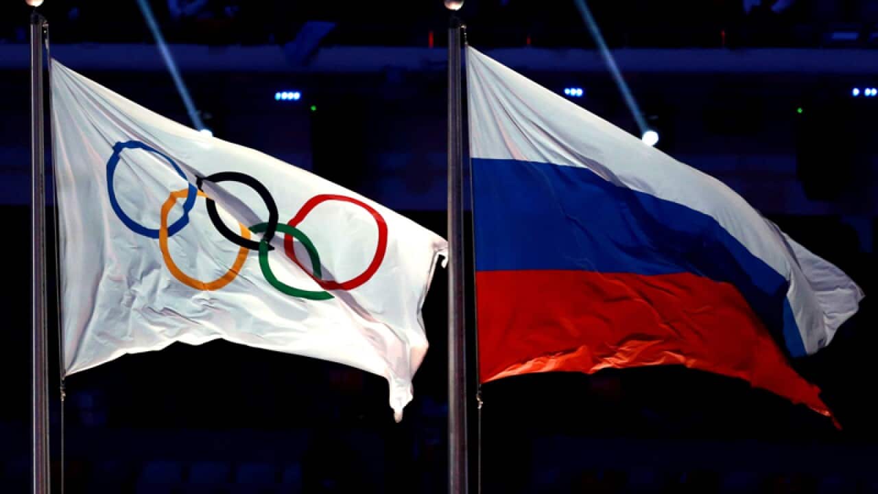 The Olympic and Russian flags