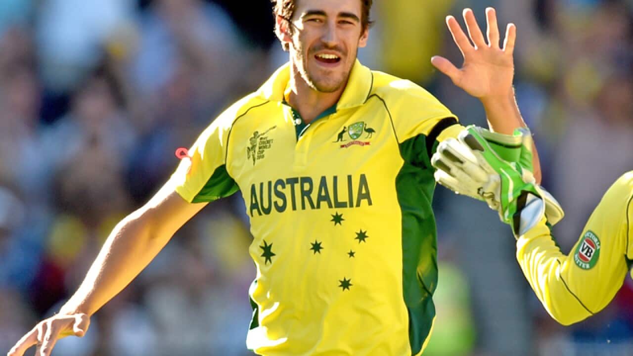 Mitchell Starc (L) of Australia celebrates with Brad Haddin