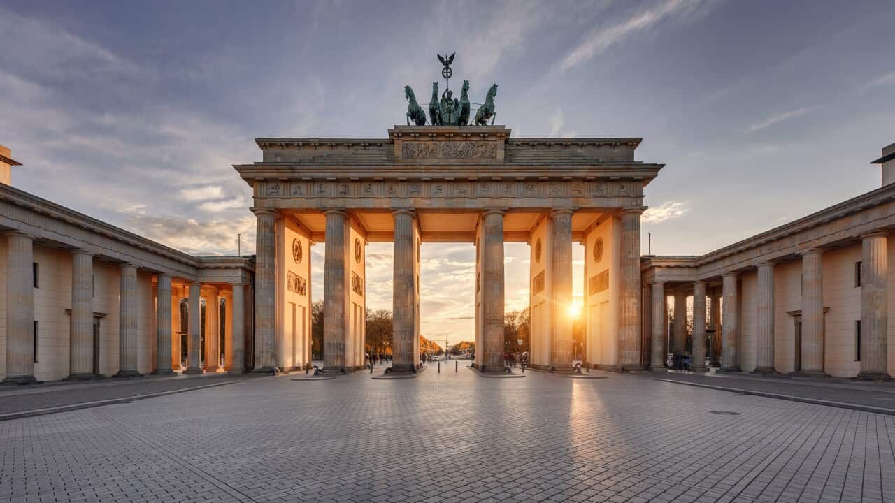The Brandenburg Gate at sunset.
