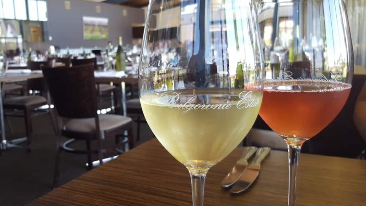 Wine in glasses on a restaurant table