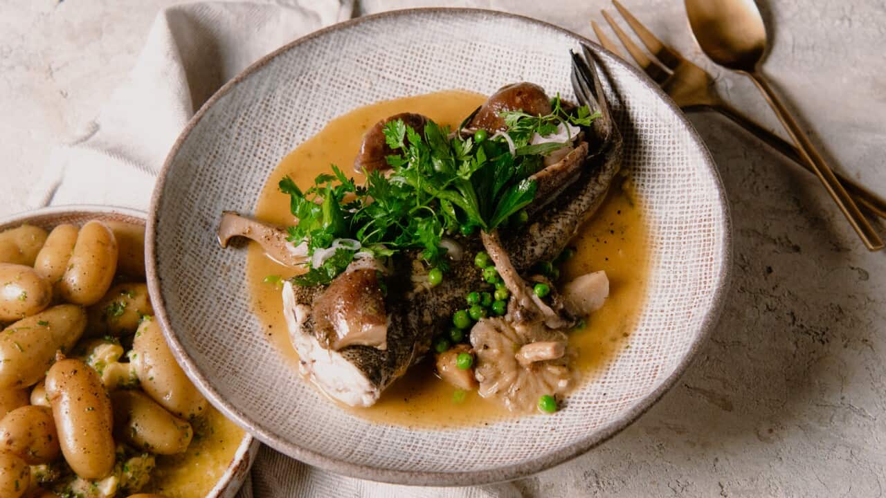 Fish, peas and mushroom gravy