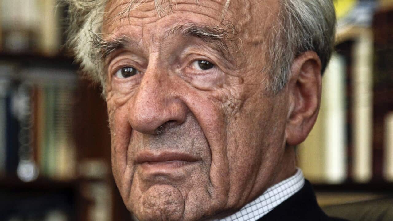 FILE - In this Sept. 12, 2012, photo  Elie Wiesel is photographed in his office in New York.  Israel's Yad Vashem Holocaust Memorial says Elie Wiesel has died at 87. (AP Photo/Bebeto Matthews)