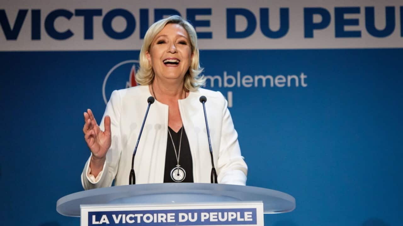 Marine Le Pen, leader of France's far right National Rally celebrates her party's gains in the European Union elections.