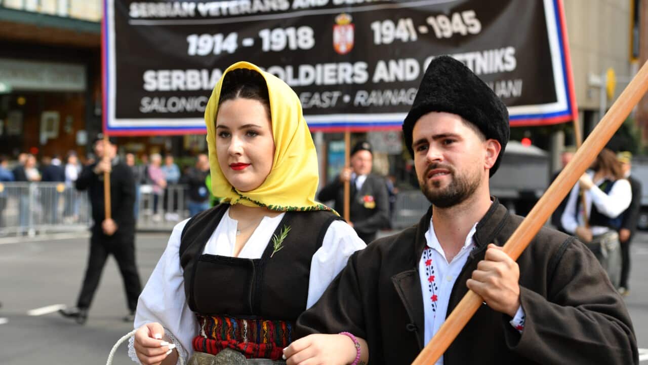 Serbians march during the Anzac Day March on Elizabeth St in Sydney, Sunday, April 25, 2021. (AAP Image/Mick Tsikas) NO ARCHIVING