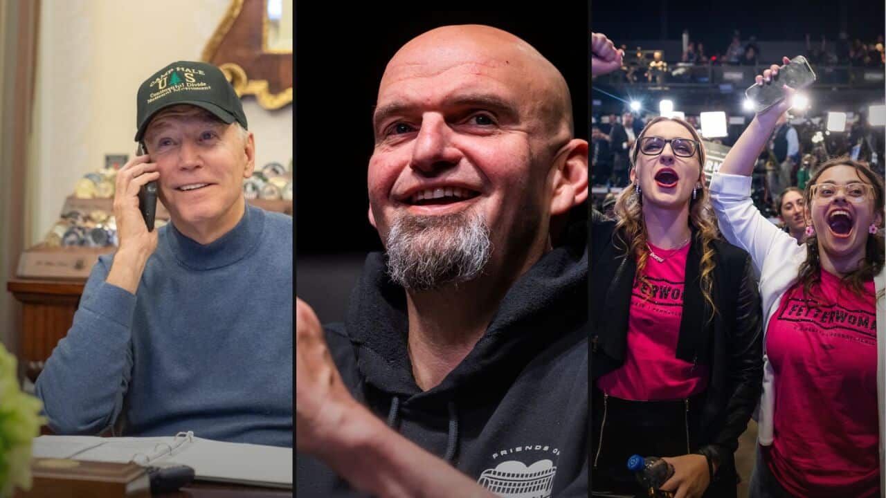 US President Joe Biden (left), Democrat John Fetterman (centre), and Mr Fetterman's supporters (right).