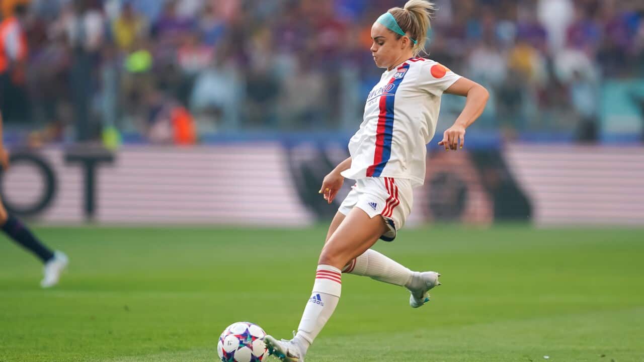 Ellie Carpenter shoots the ball during the UEFA Womens Champions League Final football match 2022