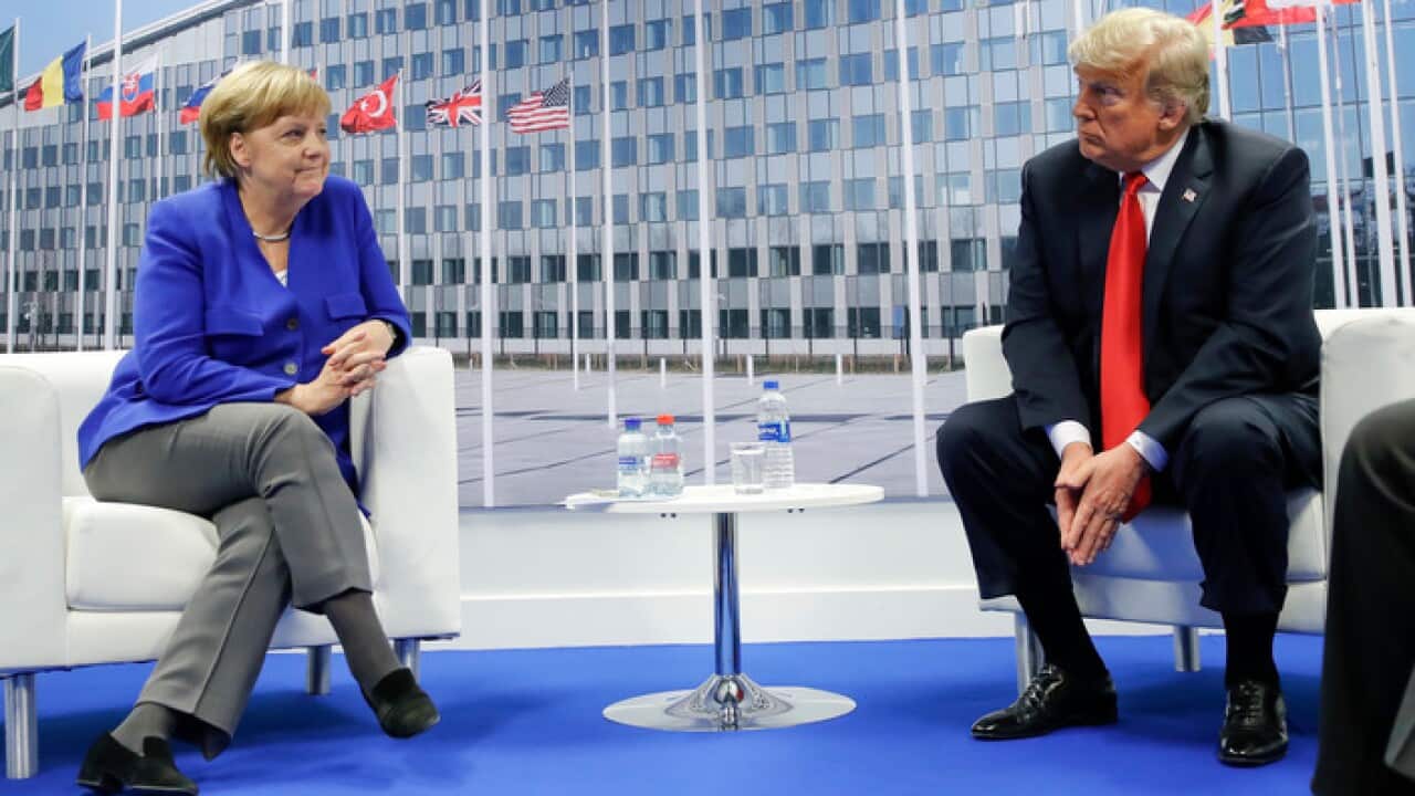President Donald Trump and German Chancellor Angela Merkel during their bilateral meeting