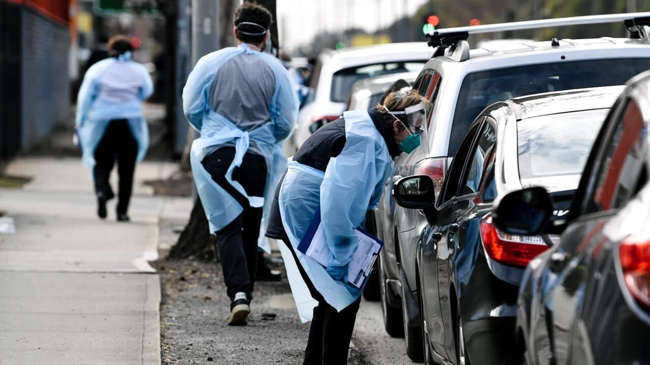 A COVID-19 testing station in Hindmarsh, Adelaide, Wednesday, July 21, 2021. South Australia has entered its first full day of a seven-day lockdown as the number of COVID-19 exposure sites continues to grow. (AAP Image/Morgan Sette) NO ARCHIVING