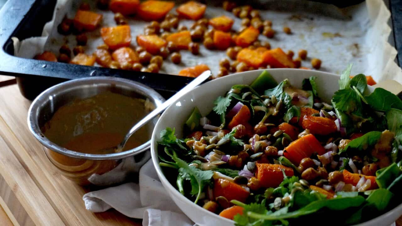 Roasted chickpea and carrot salad with miso tahini dressing