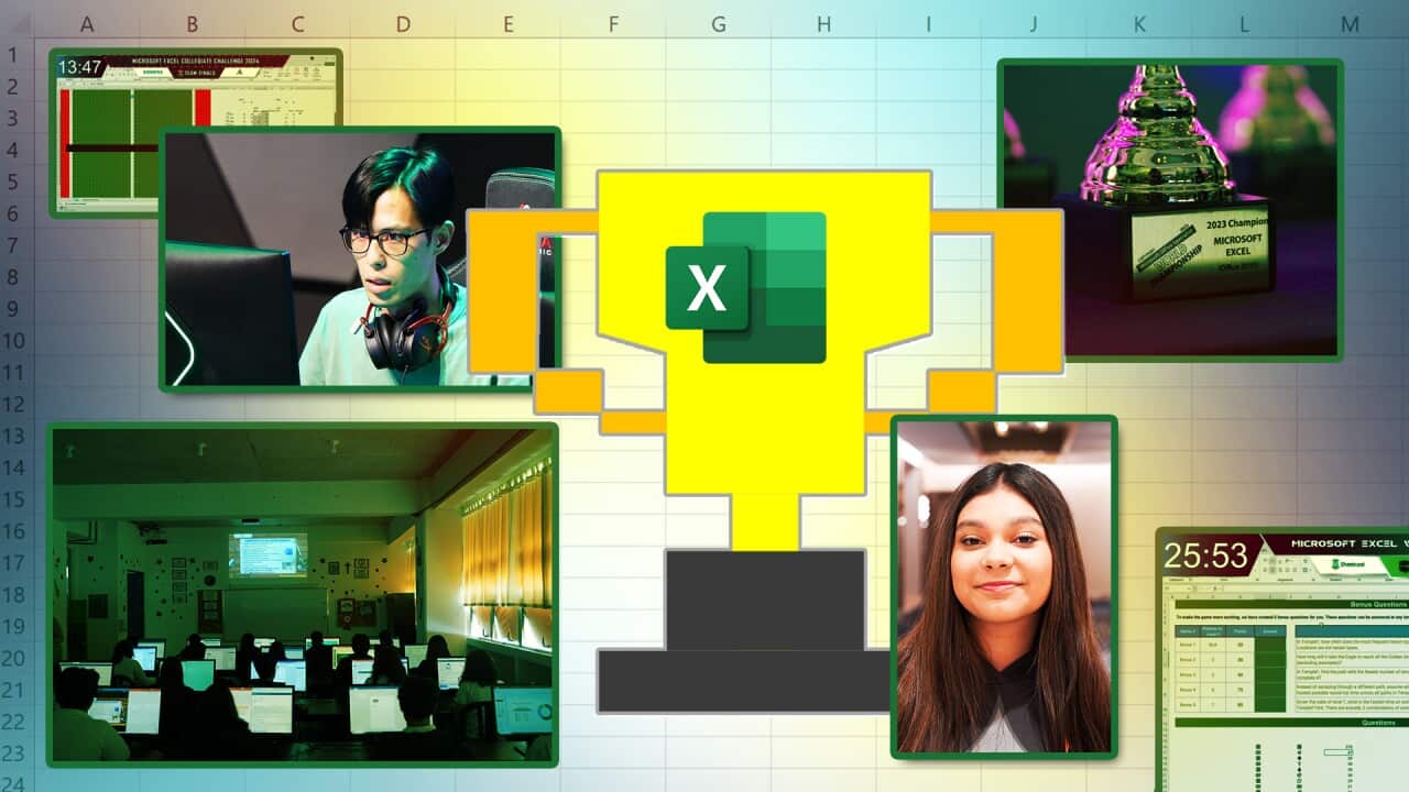 A collage showing contestants on their computers and Microsoft Excel spreadsheets.