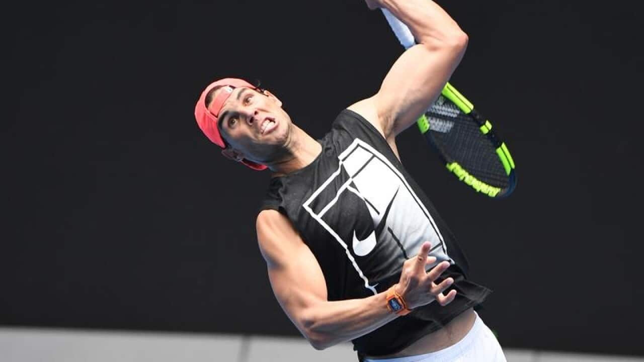 Rafael Nadal is seen during a practice session