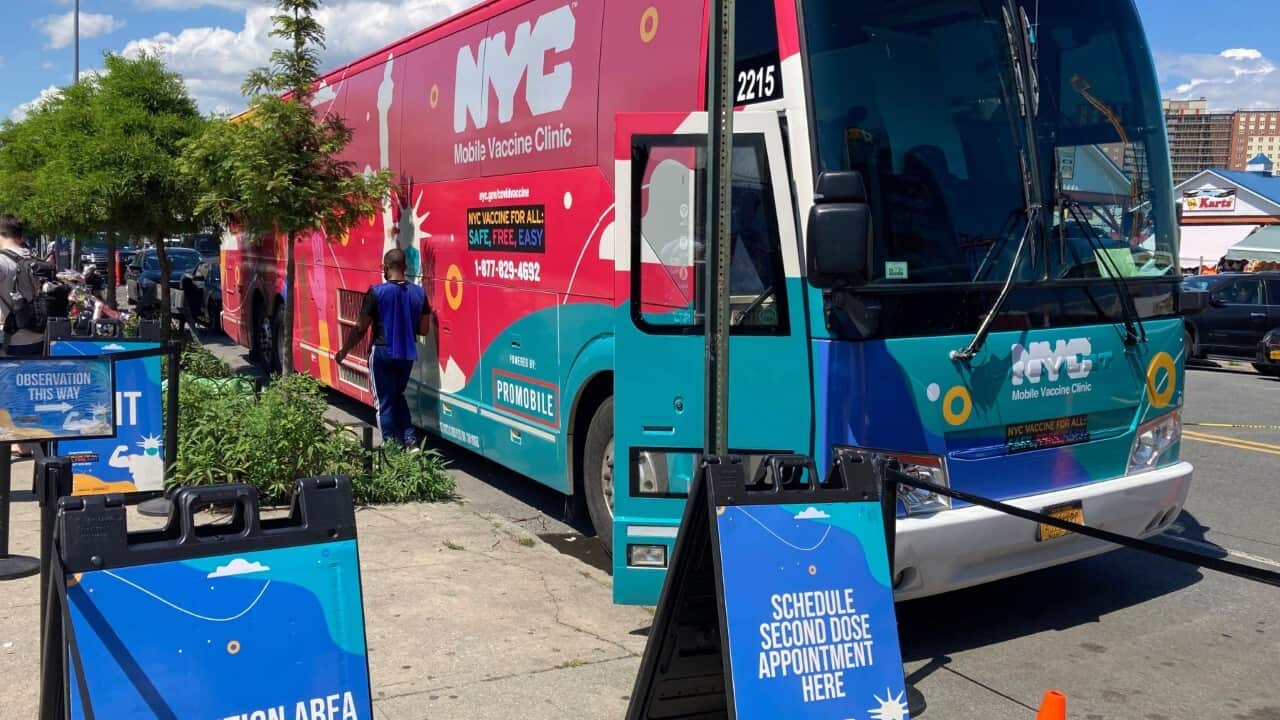 Mobile COVID-19 vaccination bus in Coney Island, New York (AAP Image-STRF-STAR MAX-IPx)