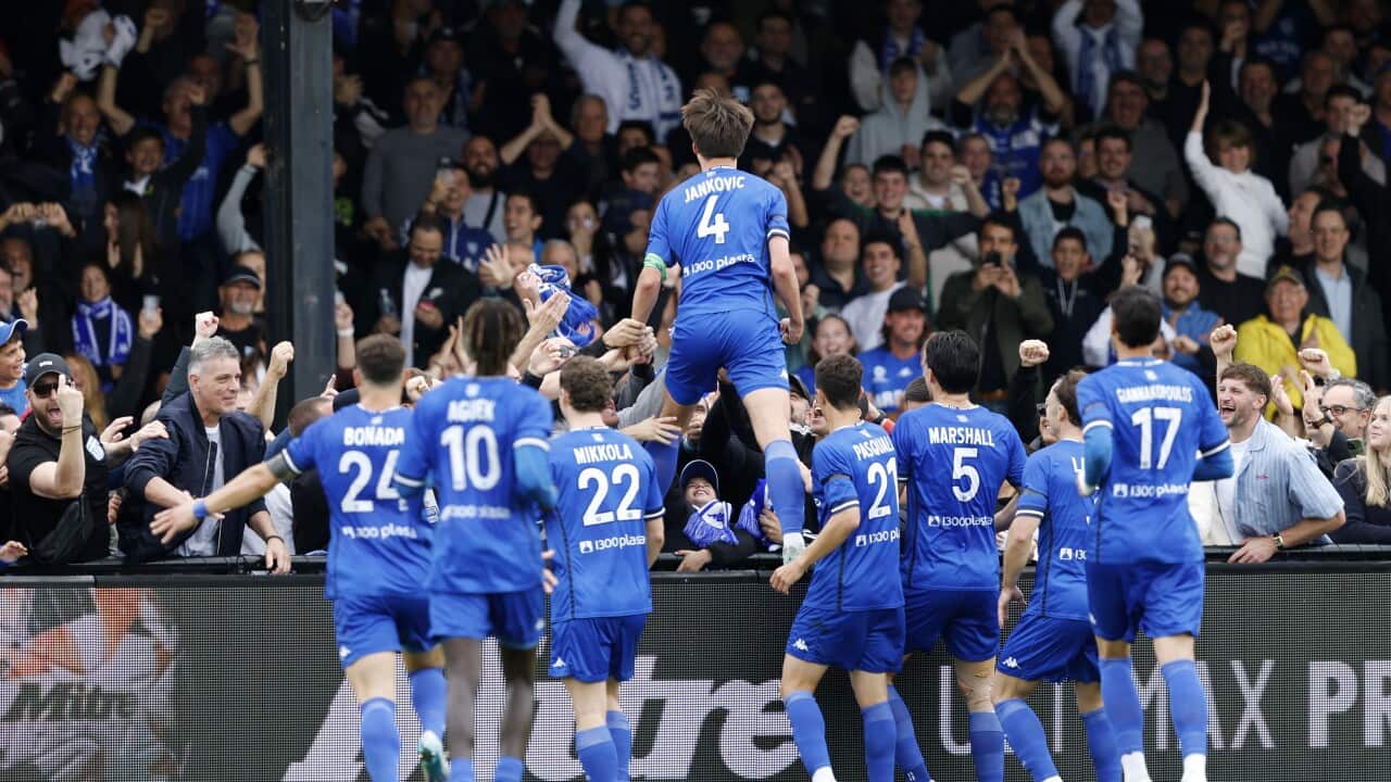Marko Jankovic of South Melbourne FC celebrates a goal with teammates during the inaugural Australian Championship Final match between South Melbourne FC and Marconi Stallions FC at the Olympic Village in Melbourne