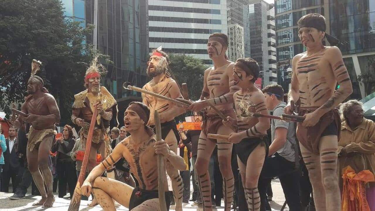 Indigenous people protesting outside Adani in QLD