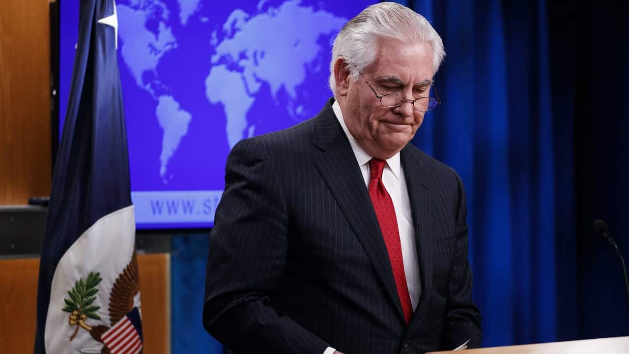 Outgoing US Secretary of State Rex Tillerson delivering farewell remarks at the State Department. (AAP)