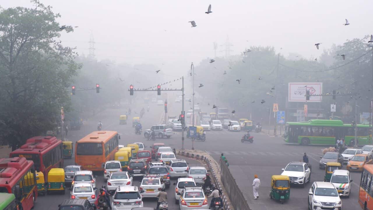 Vehicles wait at a crossing in New Delhi, India