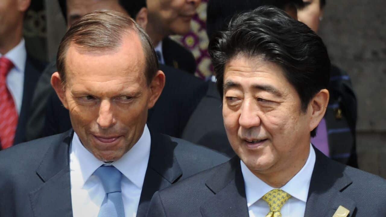 Australia's Prime Minister Tony Abbott (L) and Japan's Prime Minister Shinzo Abe - AAP-1.jpg