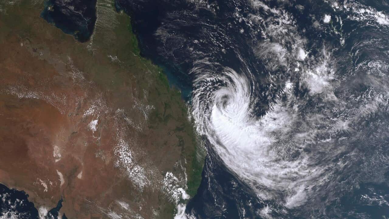 Cyclone seen from satellite view approaching Queensland coast