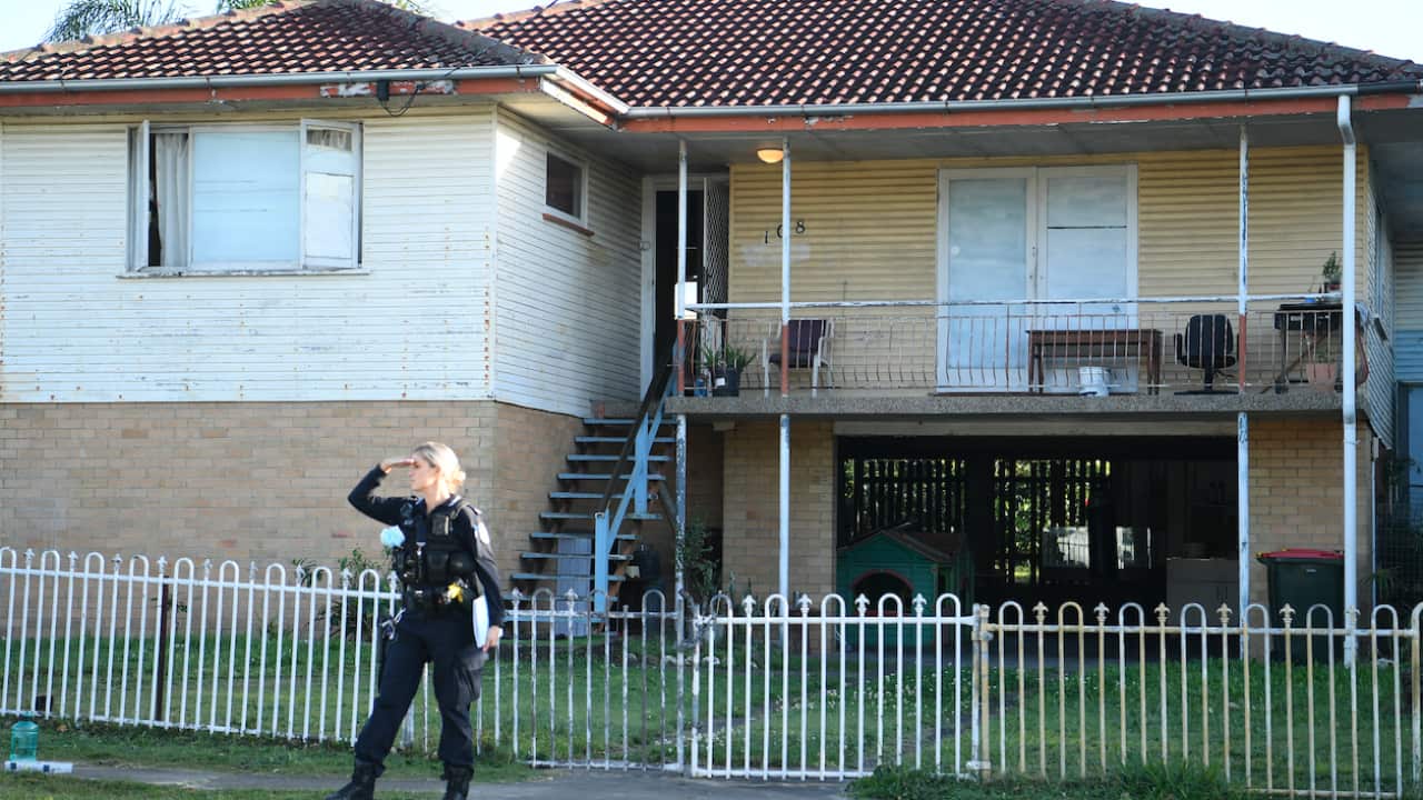 Police are seen at a crime scene on Wishart Road at Upper Mount Gravatt in Brisbane, Tuesday, September 7, 2021.
