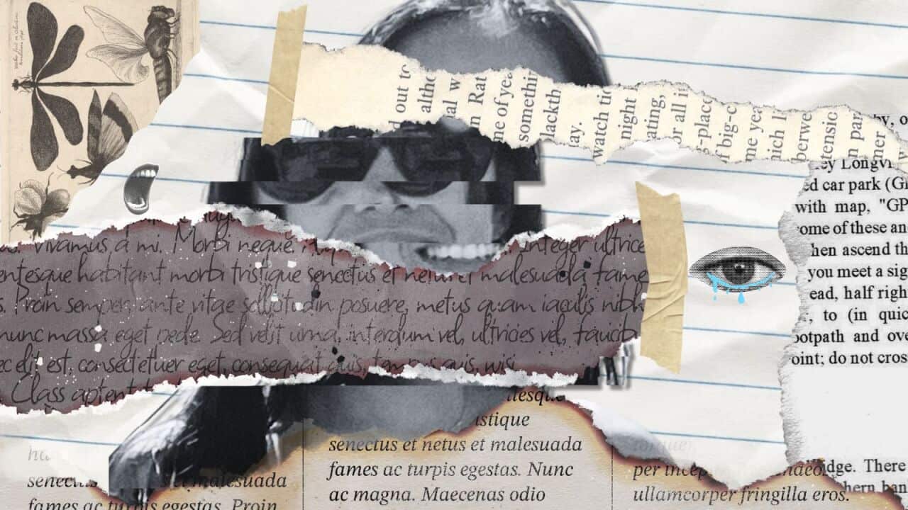 A distressed, collage-style image featuring torn paper layers, a black-and-white face in sunglasses obscured by static, fragments of text, and sketches of insects and a crying eye.