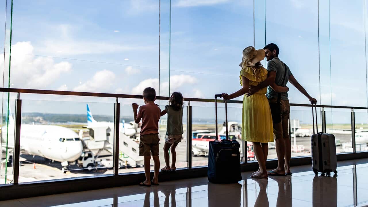 Rear view of a family looking through window from the airport.
