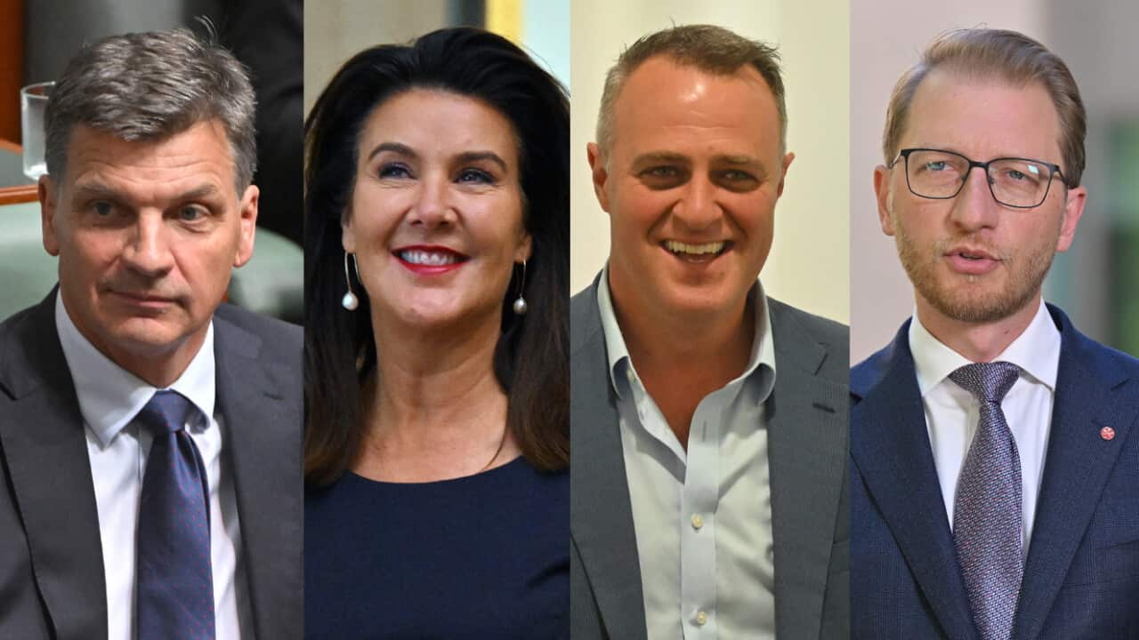 A composite image of three white men wearing suits and a woman in a blue dress 