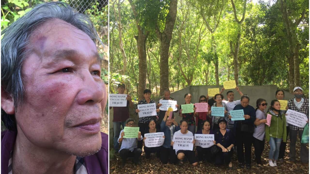 Ông Huỳnh Ngọc Chênh, một trong số các nhà hoạt động trong chuyến đi, đã bị đánh sưng mắt