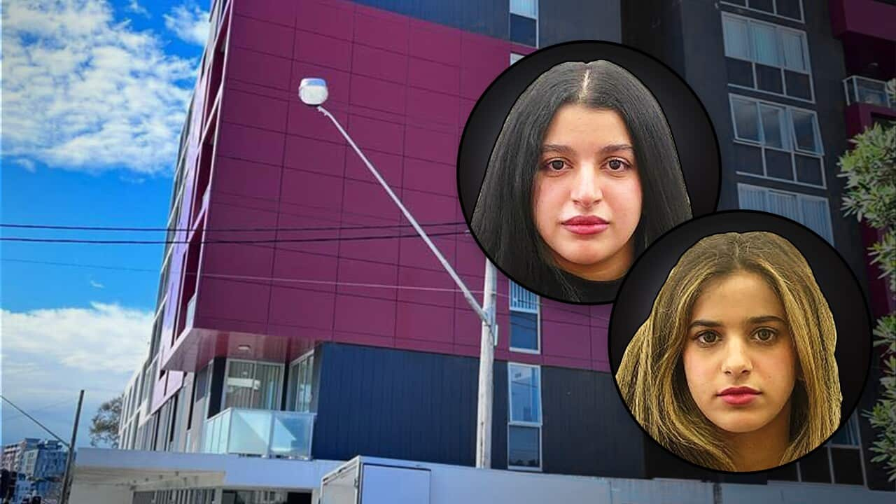 A modern apartment building and an inset of two women's faces