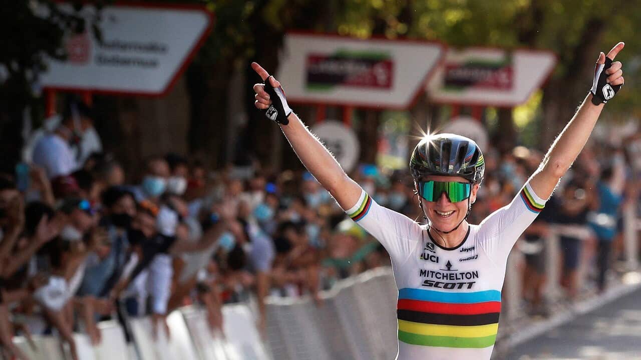 Annemiek van Vleuten crosses the line for victory at the 2nd Clasica Femenina Navarra