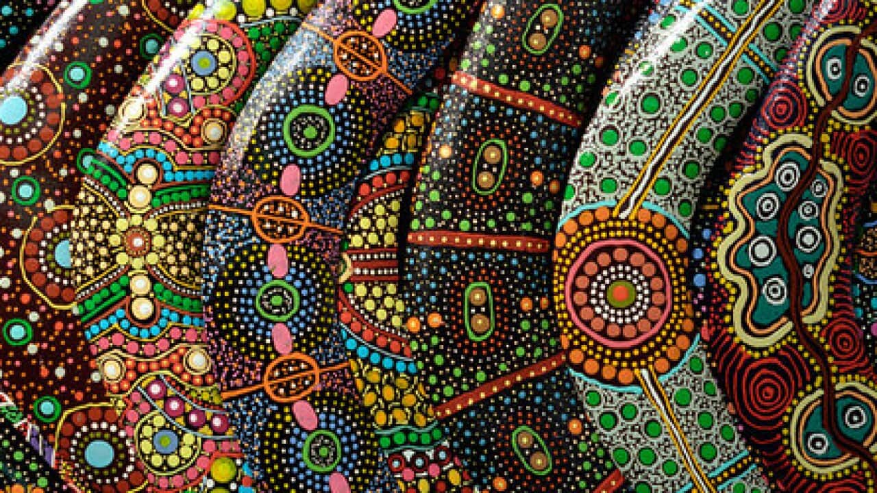 A collection of brightly-colored Boomerangs on displayat the Keringke Arts Center in Australia. (Photo by John van Hasselt/Corbis via Getty Images)