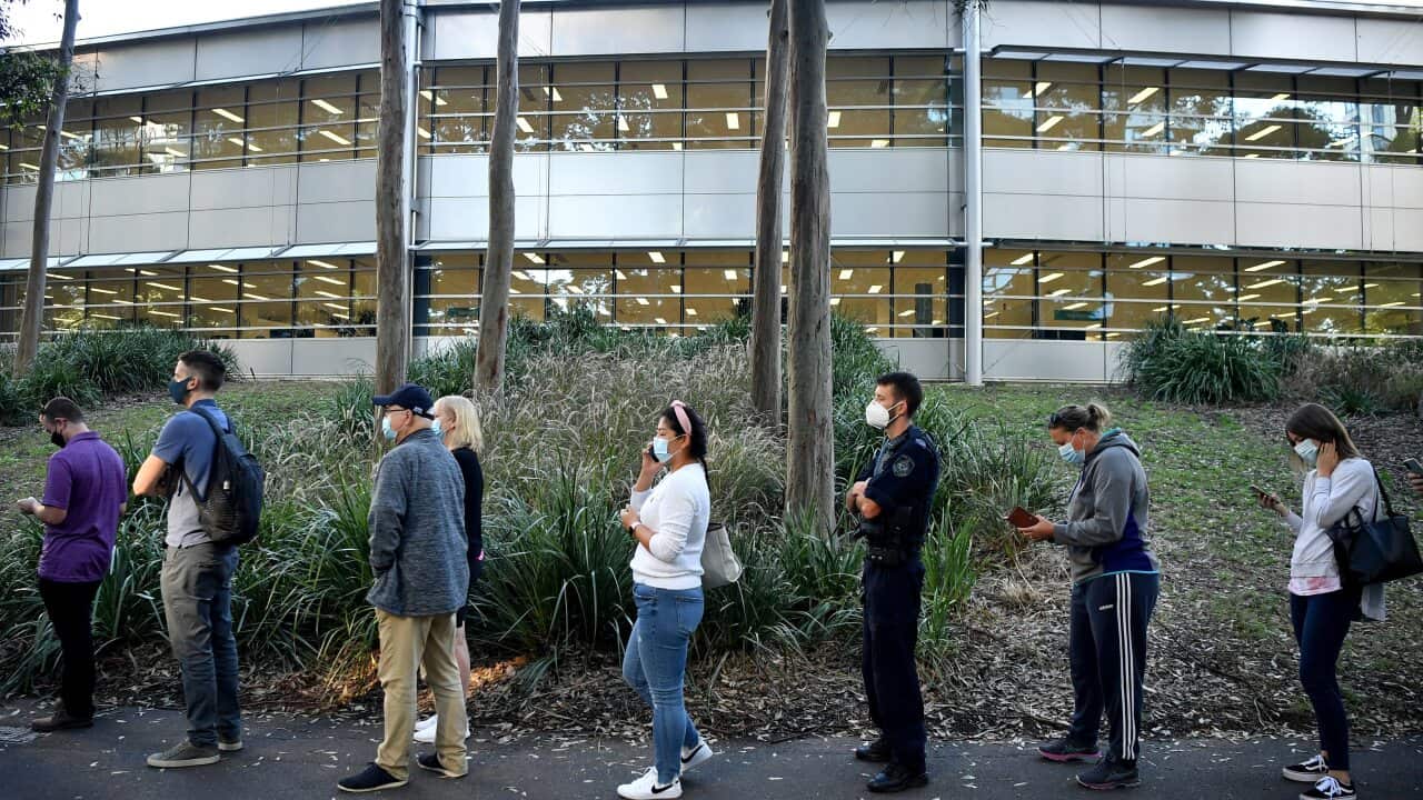 A queue at a COVID-19 vaccination hub in Sydney earlier this month.