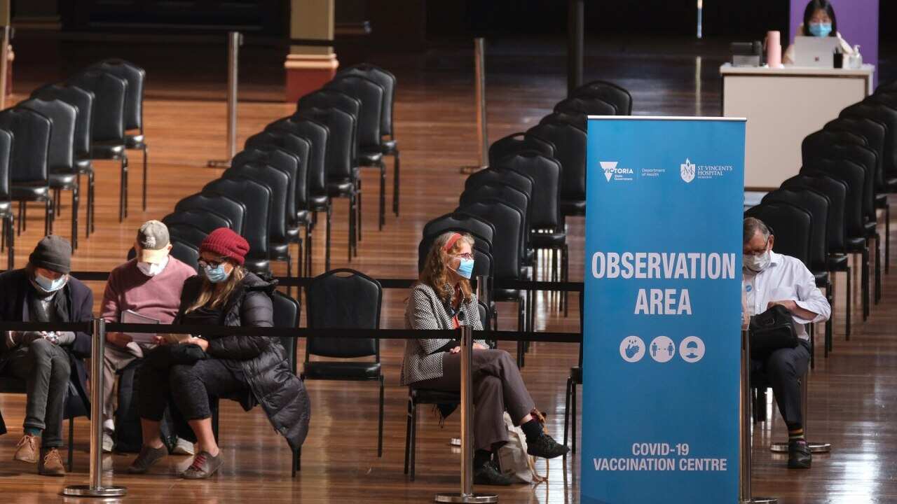 People attend the mass vaccination hub at the Royal Exhibition Building in Melbourne on 21 April, 2021.