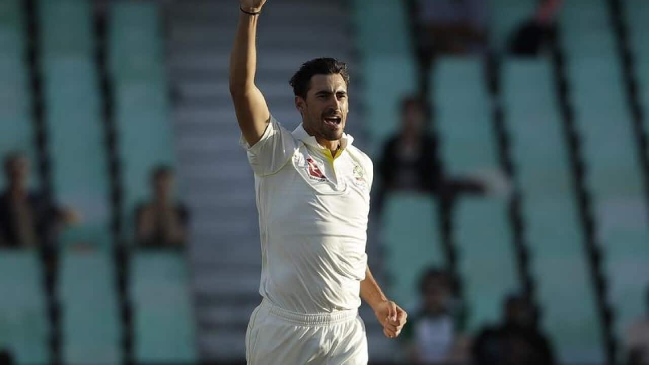 Australian bowler Mitchell Starc celebrates during a match in Durban.