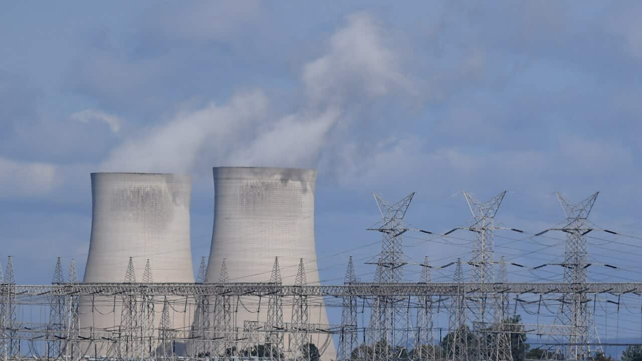 A general view of the Bayswater coal-fired power station cooling towers and electricity distribution wires in Muswellbrook, in the NSW Hunter Valley region.