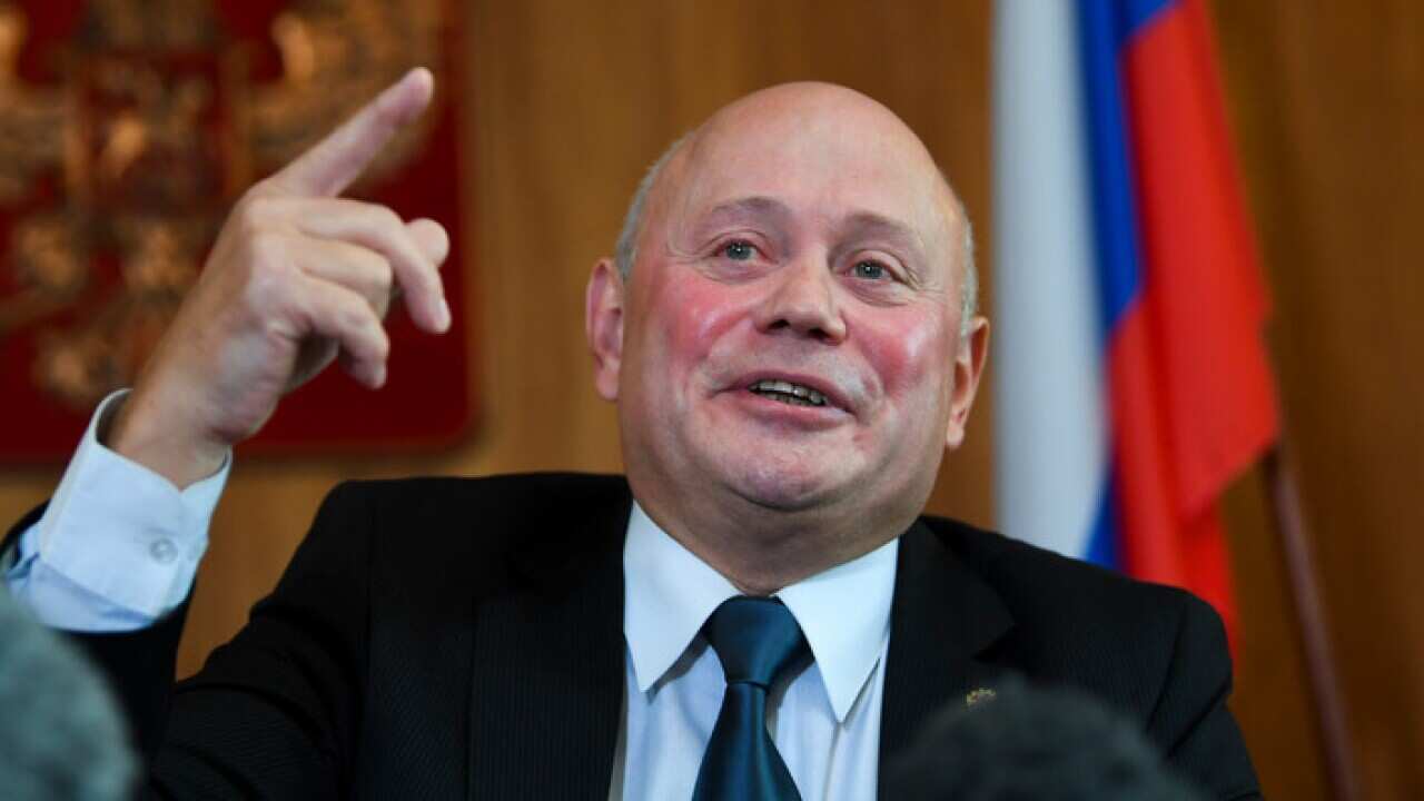 Ambassador of the Russian Federation Grigory Logvinov speaks during a press conference at the Russian Embassy in Canberra, Wednesday, March 28, 2018. The Australian government yesterday announced that it would expel two Russian diplomats over the Skripal