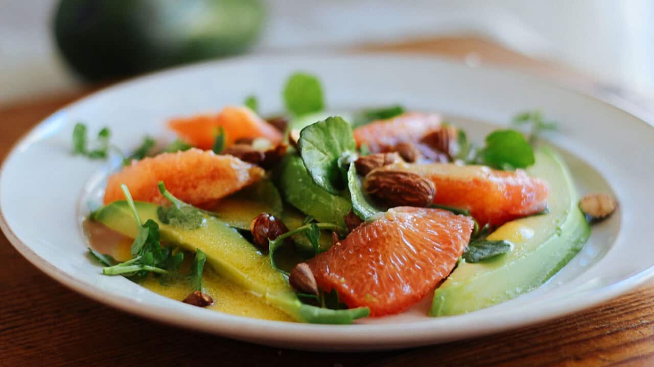 Avocado, pink grapefruit and tamari almond salad