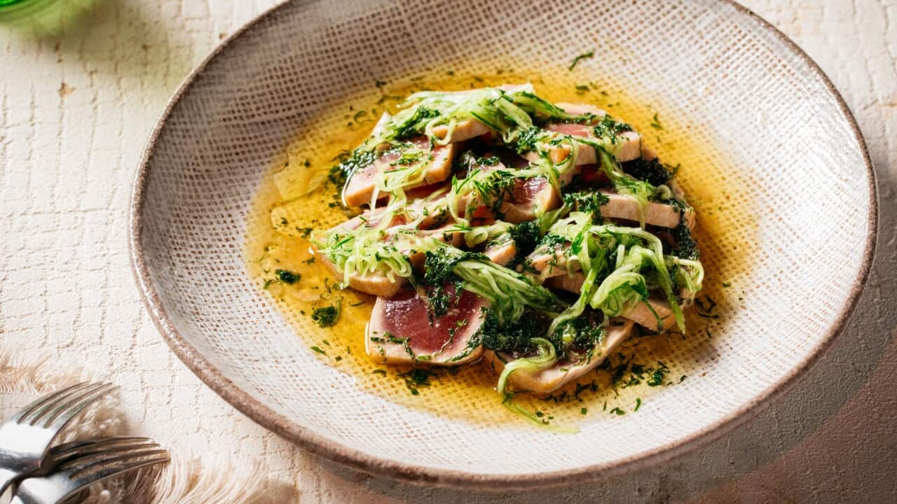 Chargrilled tuna steak with sesame leaf dressing