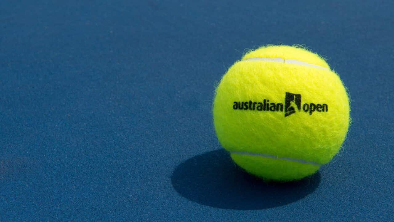 Stock photograph of an Australian Open Tennis Ball. (AAP Image/Dave Hunt) NO ARCHIVING